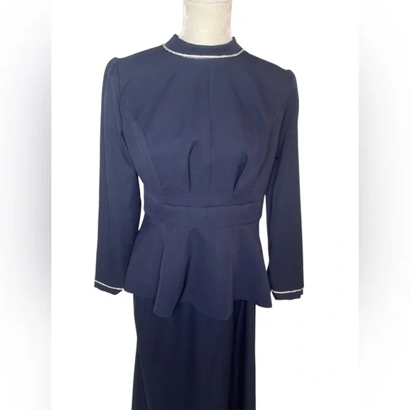 Elegant women navy blue two piece skirt set size 42EU new long - Picture 4 of 7